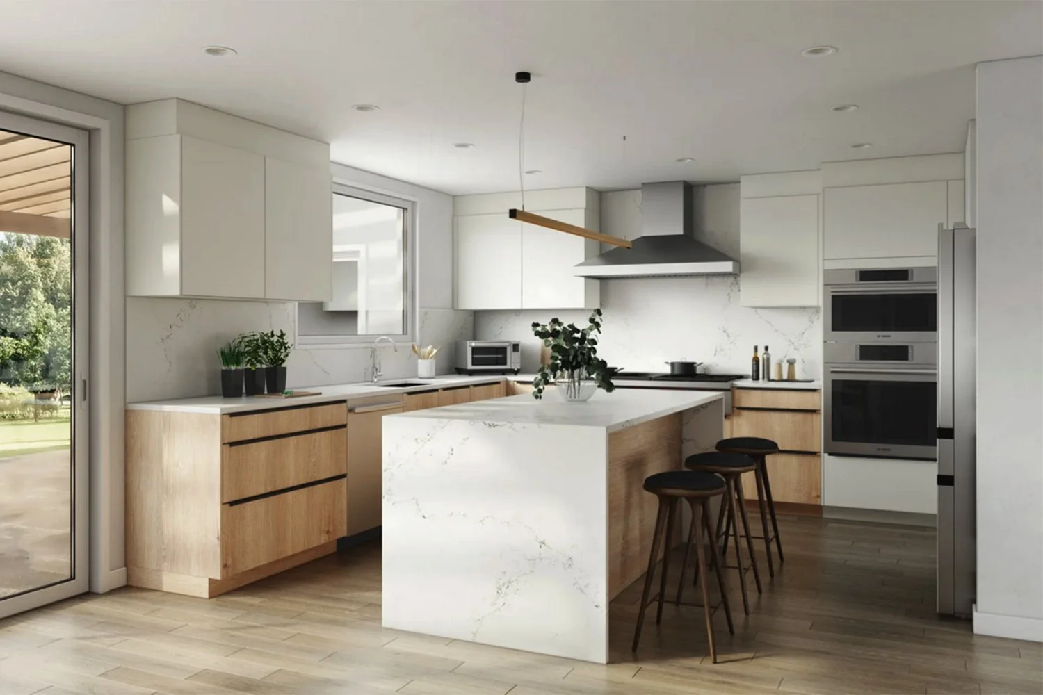 Rendering of kitchen island with marble waterfall edge, stainless steel appliances, and light wood cabinetry - Cambrian Park Home Addition by Adam Mayer Architect