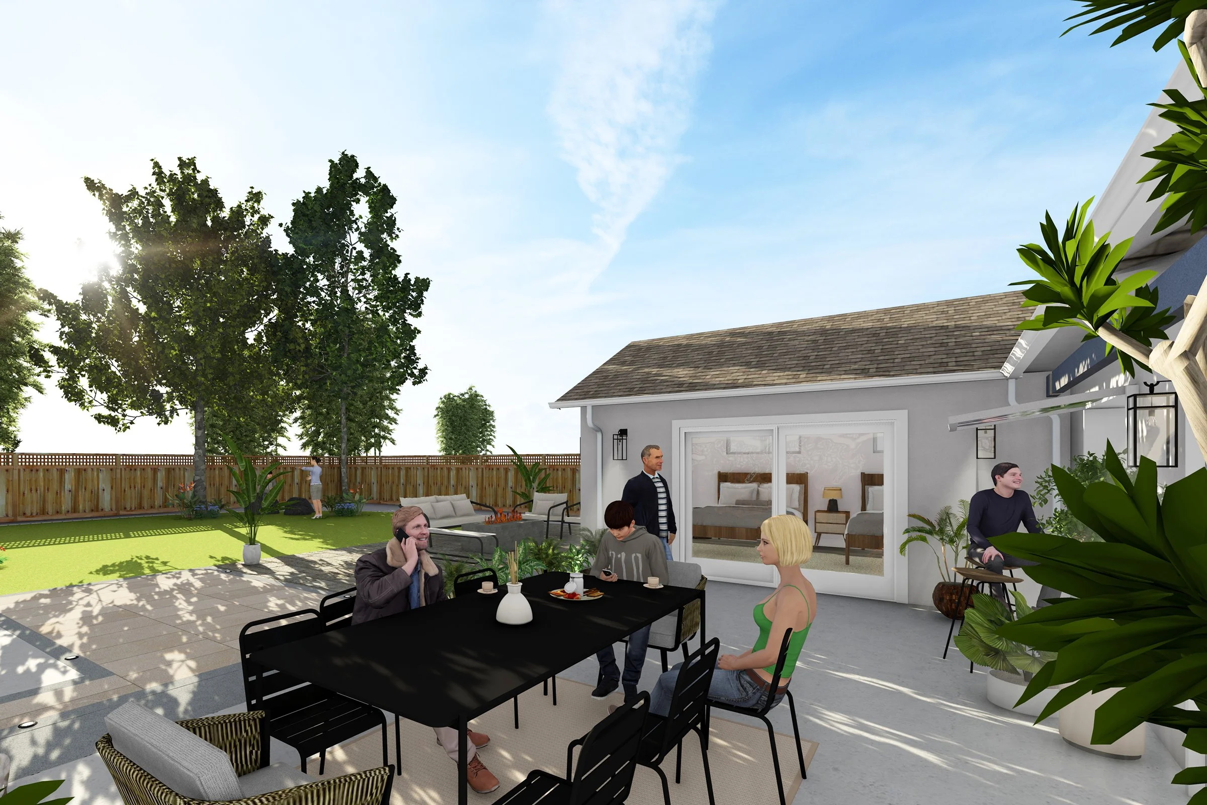 Rendering of backyard patio dining area with large black table, wicker chairs and open connection to modern kitchen - Cambrian Park Home Addition by Adam Mayer Architect