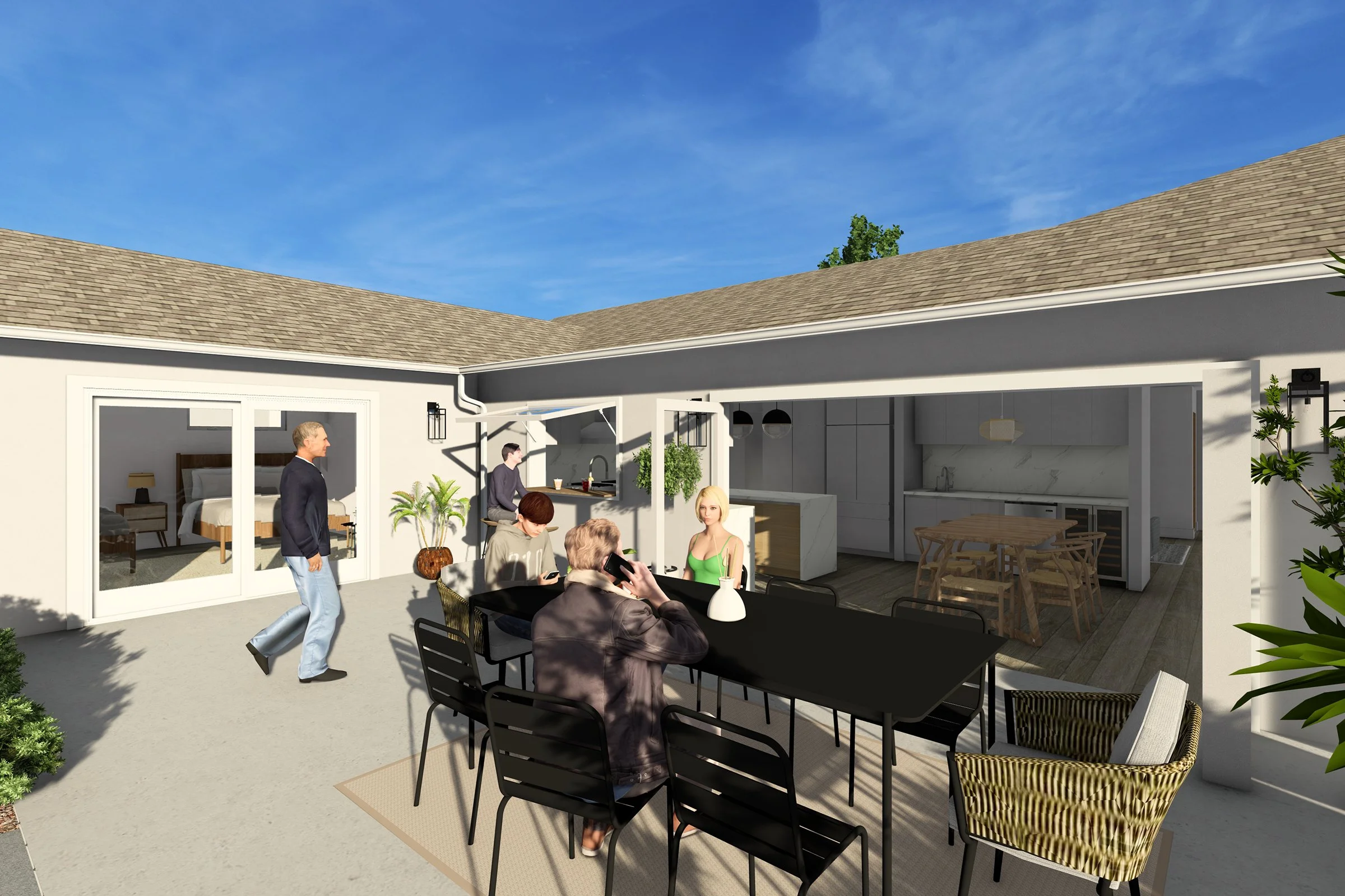 Rendering of backyard patio dining area with large black table, wicker chairs and open connection to modern kitchen - Cambrian Park Home Addition by Adam Mayer Architect