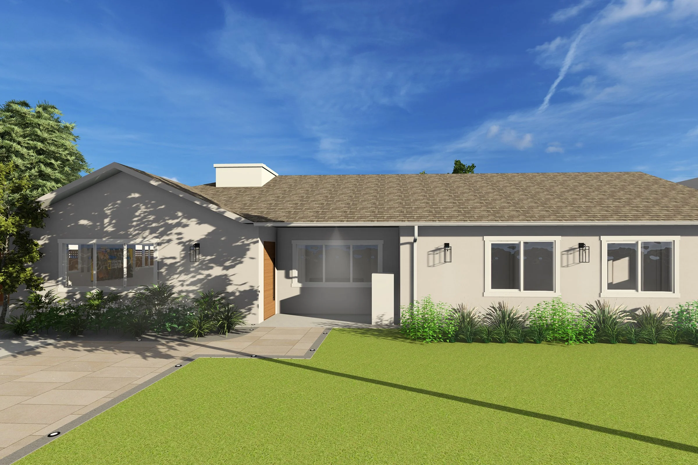 Rendering of front exterior view of home addition with fresh landscaping and modern windows - Cambrian Park Home Addition by Adam Mayer Architect