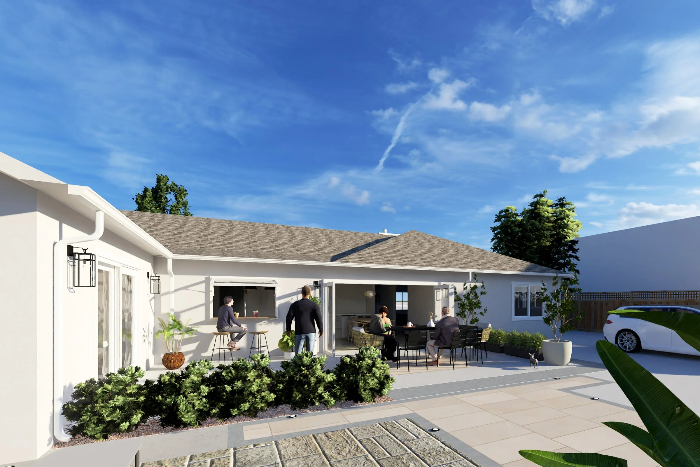Rendering of exterior of home addition with patio seating, bar counter, and sliding doors - Cambrain Park Addition by Adam Mayer Architect