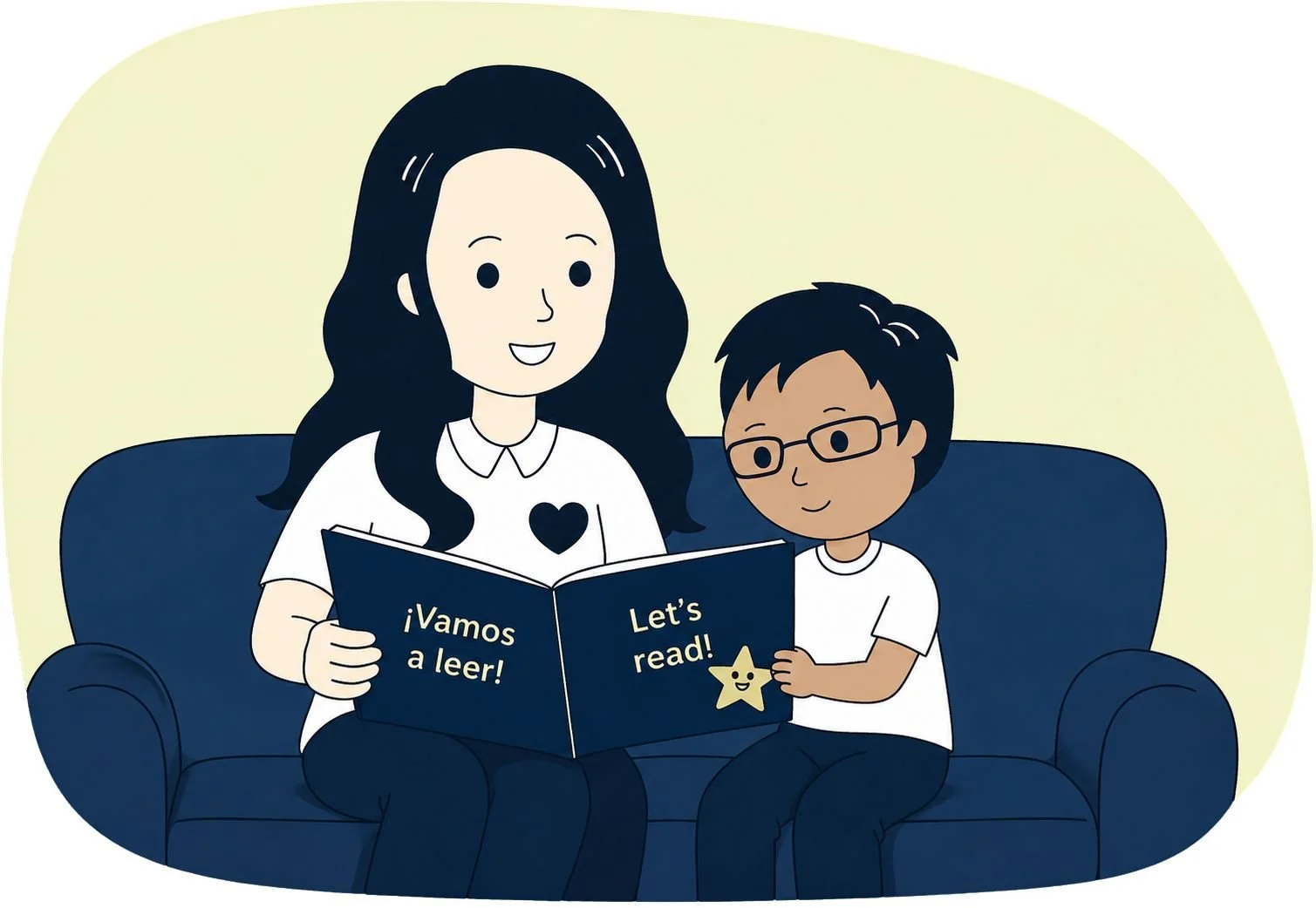 Speech-language pathologist reading a bilingual book to a young child during a language therapy session.