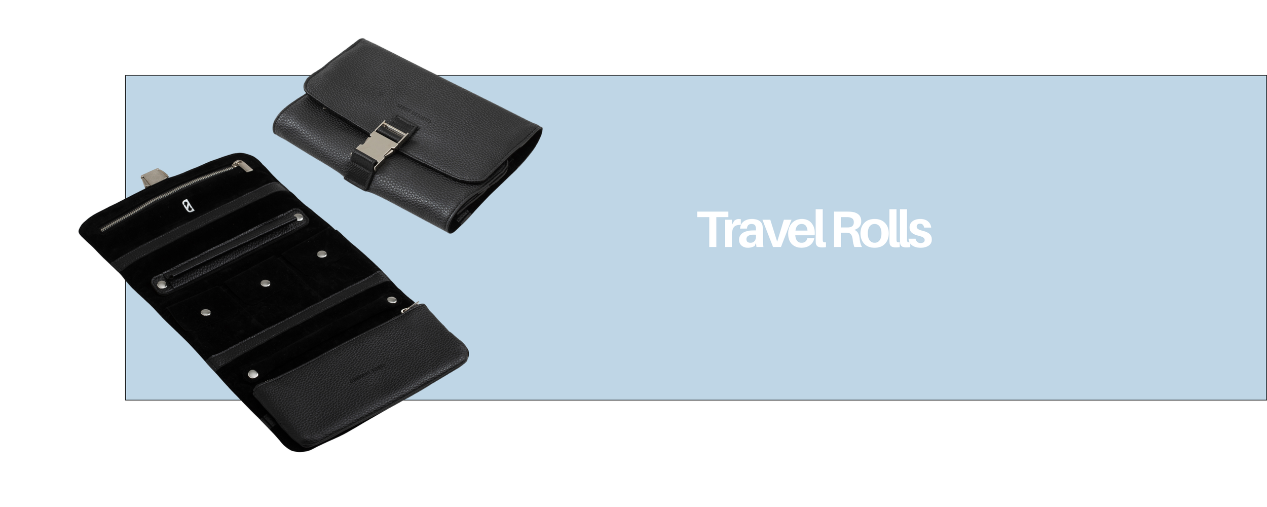 A promotional image displaying a black leather travel wallet with multiple compartments and zippers, placed on a light blue background with white text that reads 'Travel Rolls'.