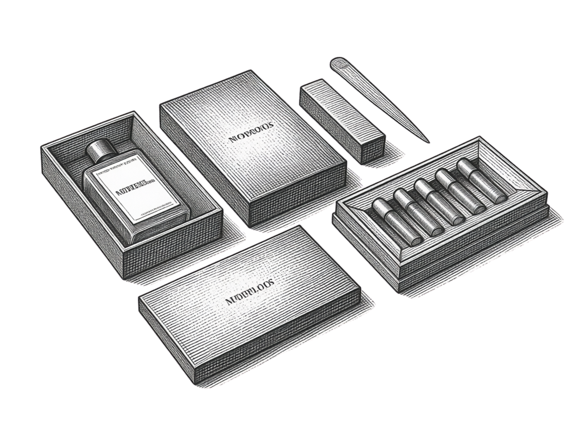An illustration of a collection of boxes containing medication and medical supplies, including a bottle of medication, boxes labeled 'SOLUTION,' and various medical instruments.