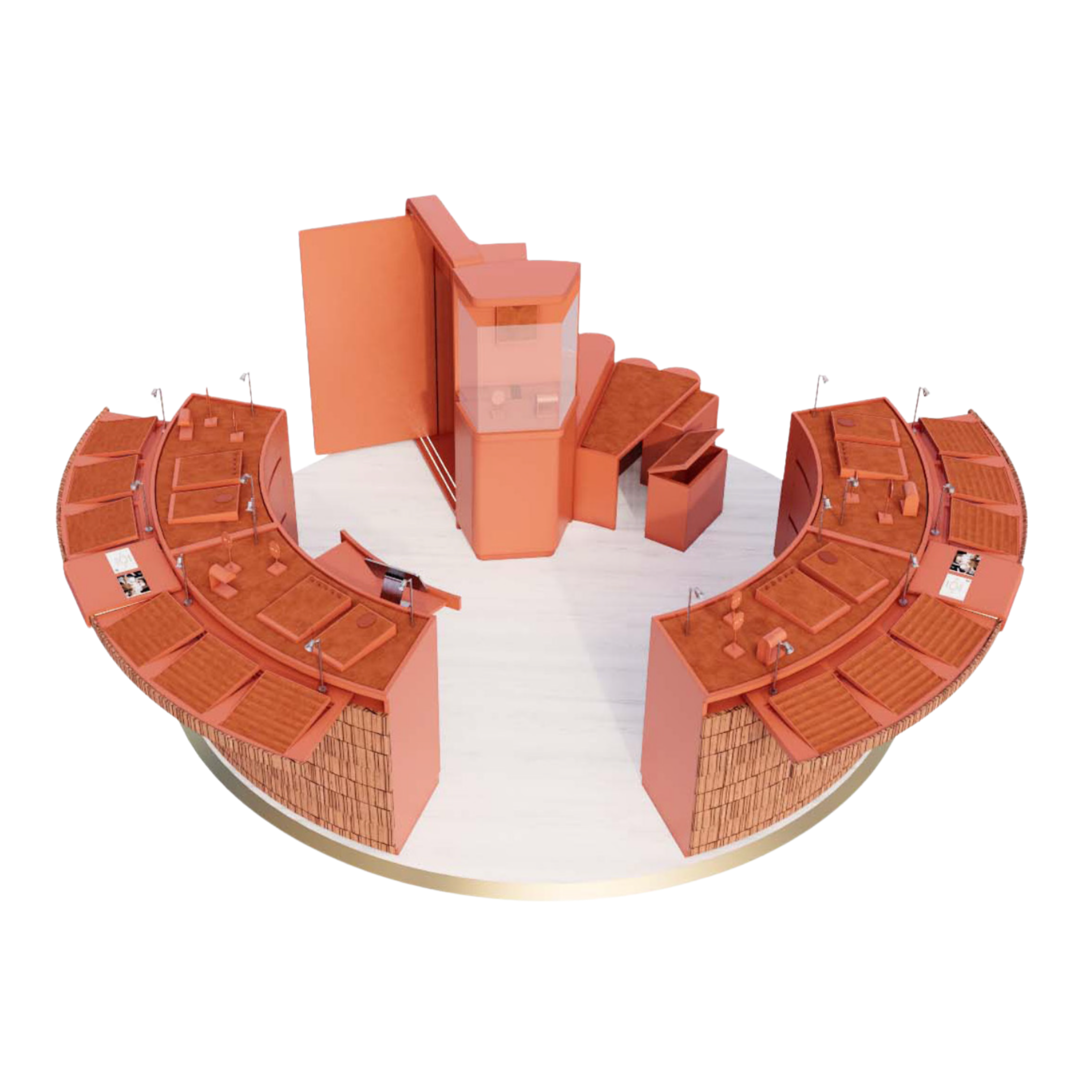 Colorful exhibition booth layout with curved display areas and central tall rectangular structure.