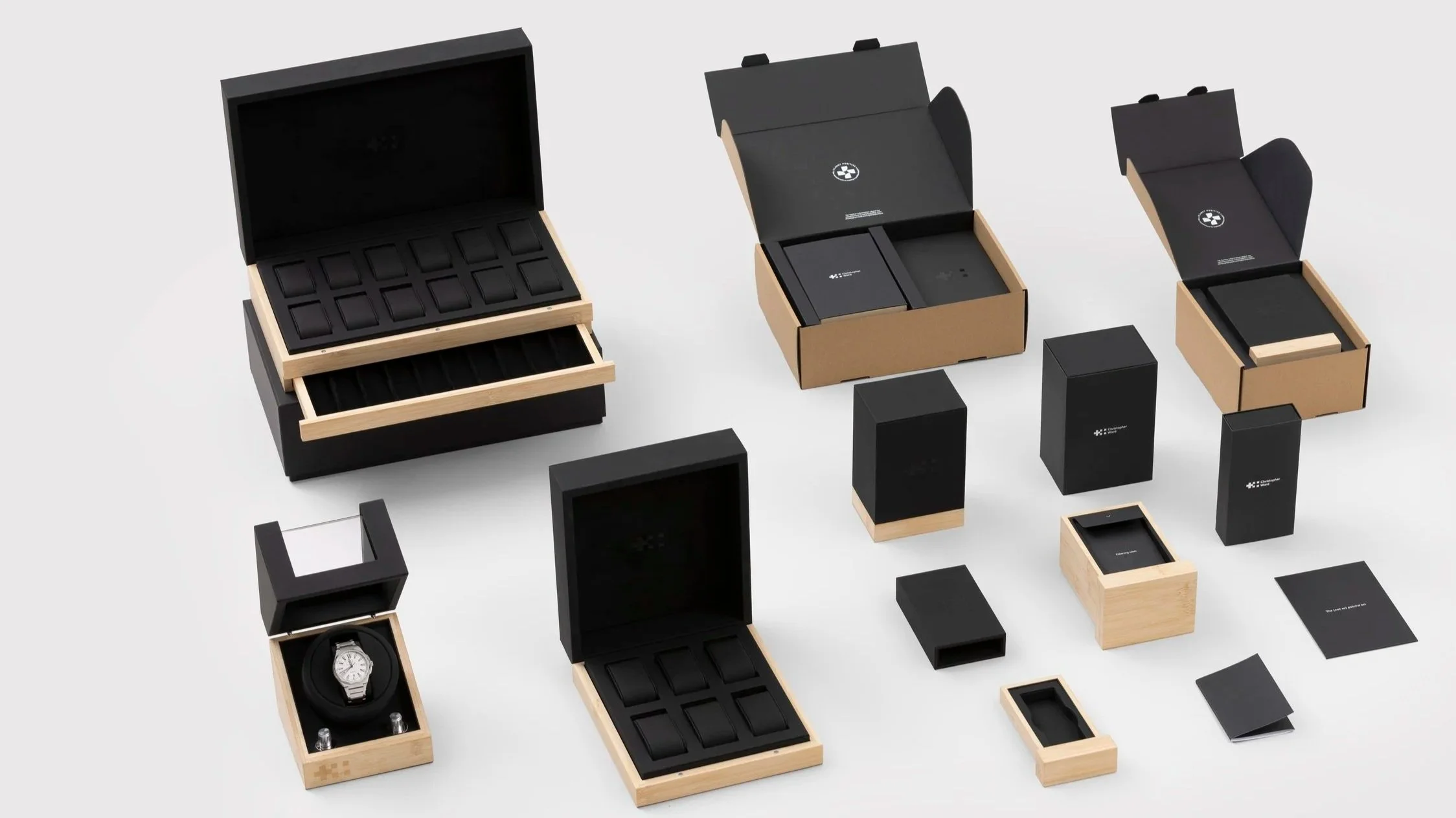 Watch packaging for the iconic watch brand Christopher Ward which includes watch boxes, watch mailing boxes and watch accessories