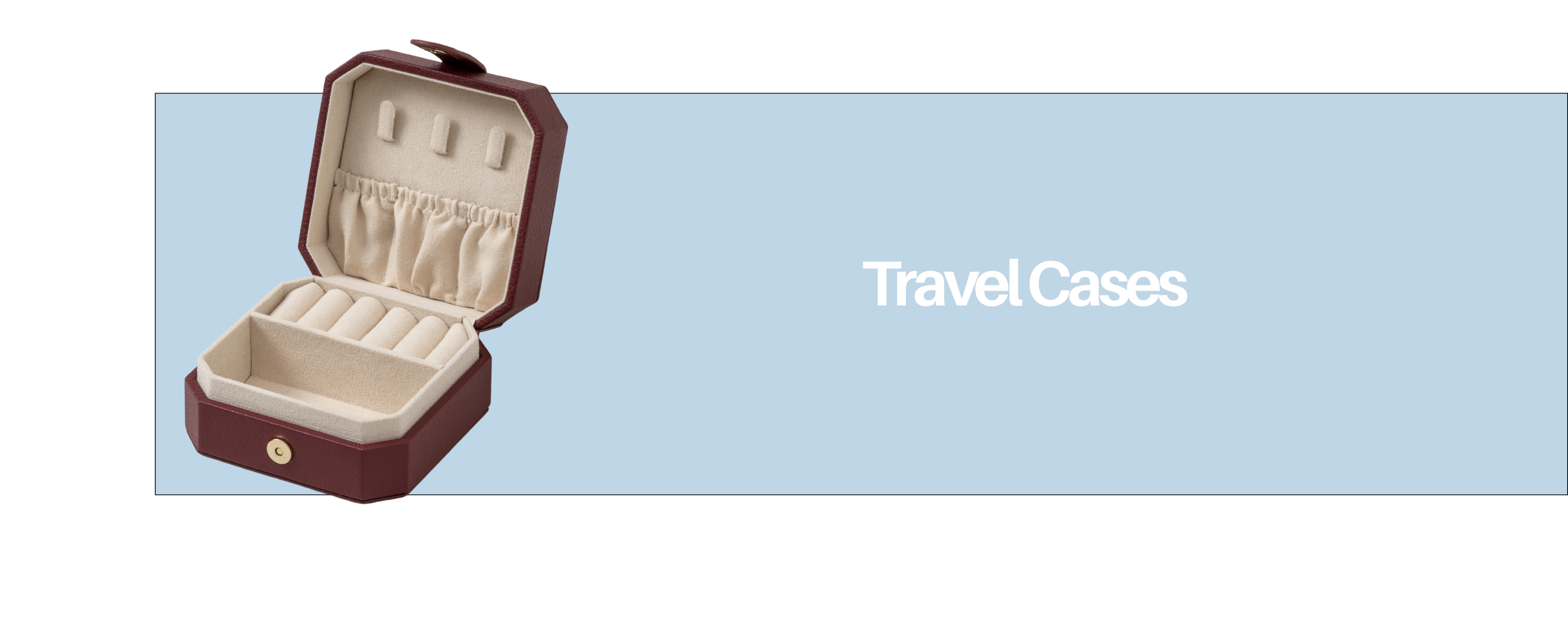 Open red travel jewelry case with velvet interior, empty slots for rings and earrings, against a light blue background with white text "Travel Cases."
