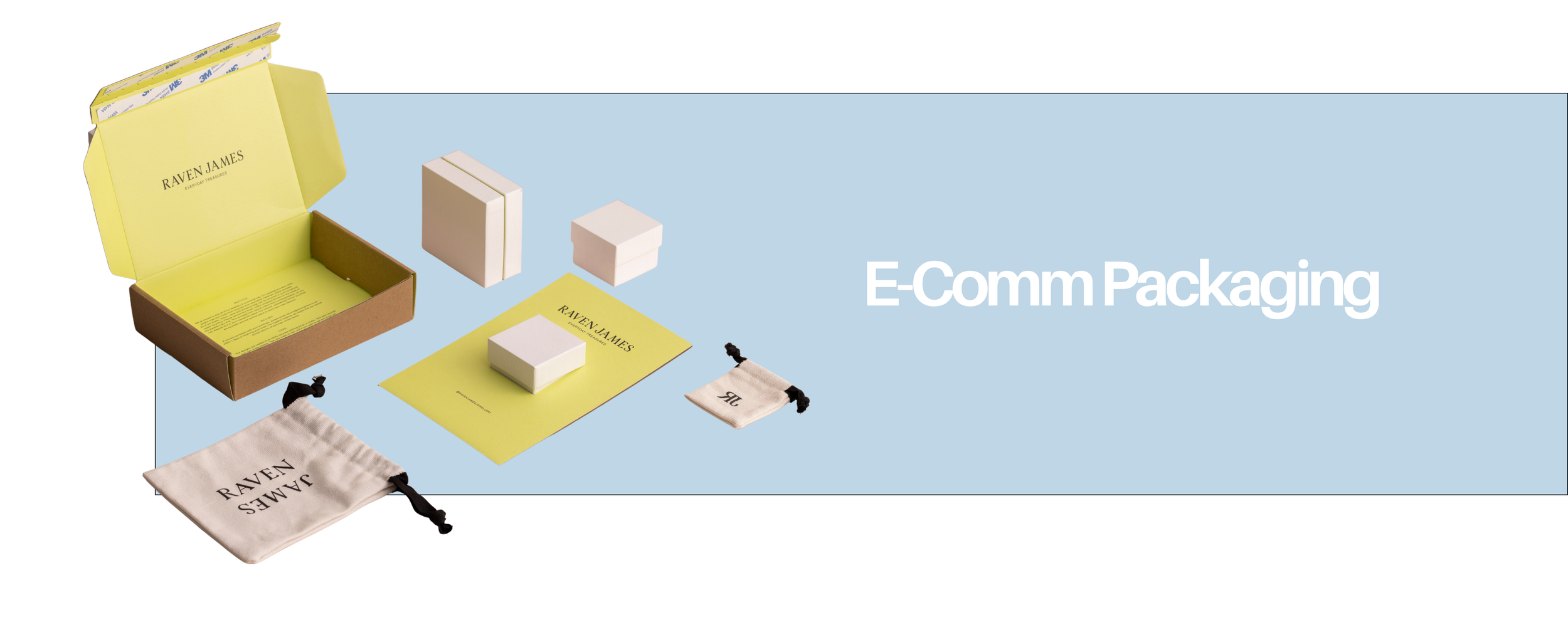 Flat lay of packaging products including an open yellow box, small white boxes, a yellow brochure, and cloth pouches, on a light blue background with the text 'E-Comm Packaging'.