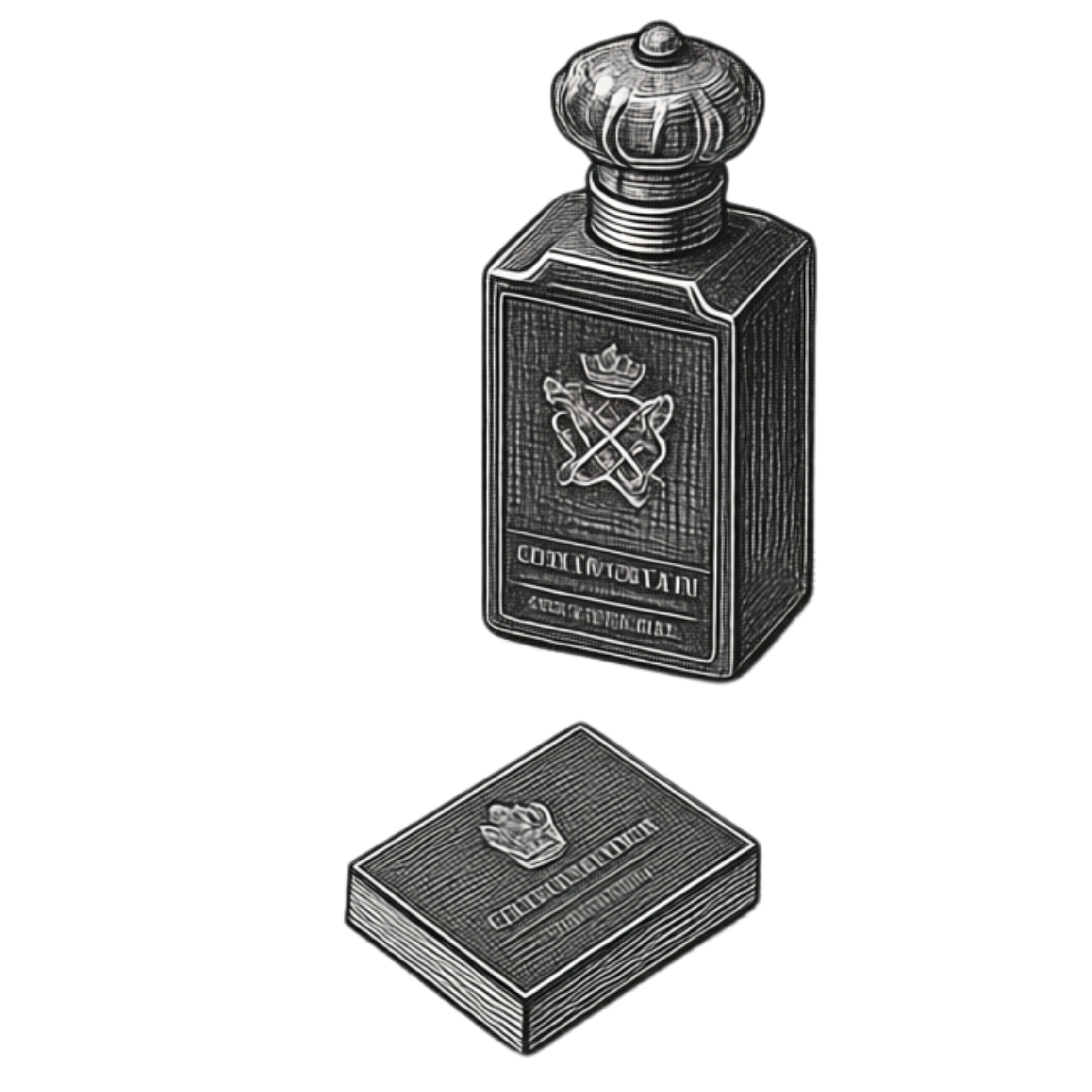 Illustration of a perfume bottle with a crown emblem and text, and a matching box featuring the same crown logo.