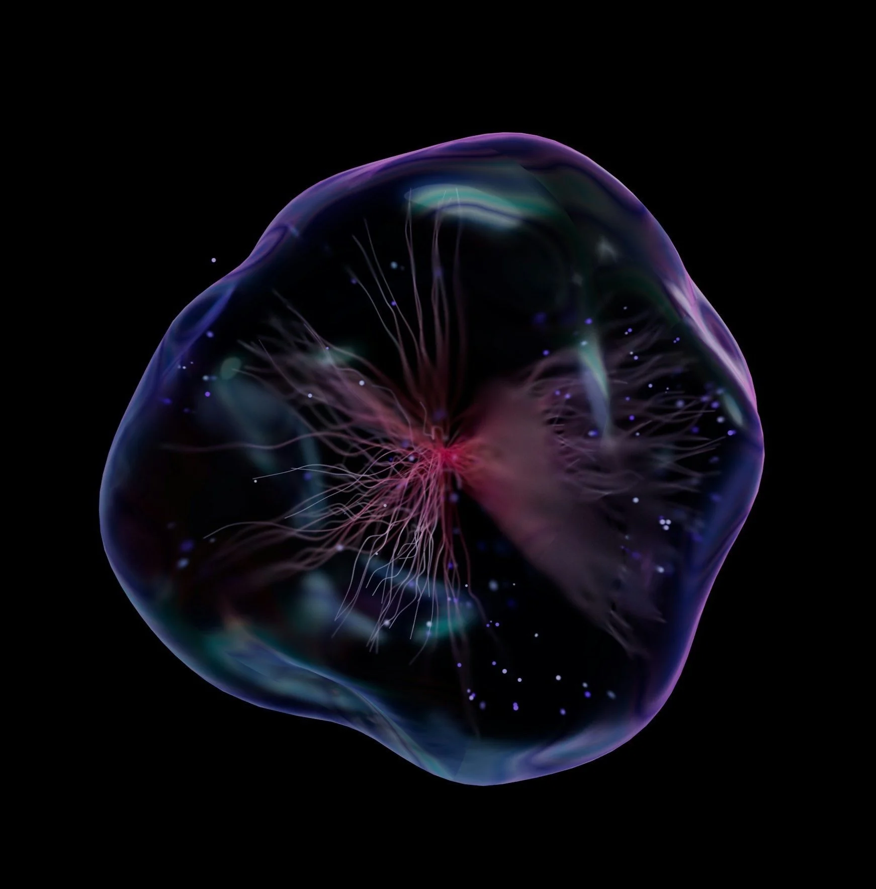 A glowing, semi-transparent jellyfish-like organism with pink and purple tendrils, floating in black space.