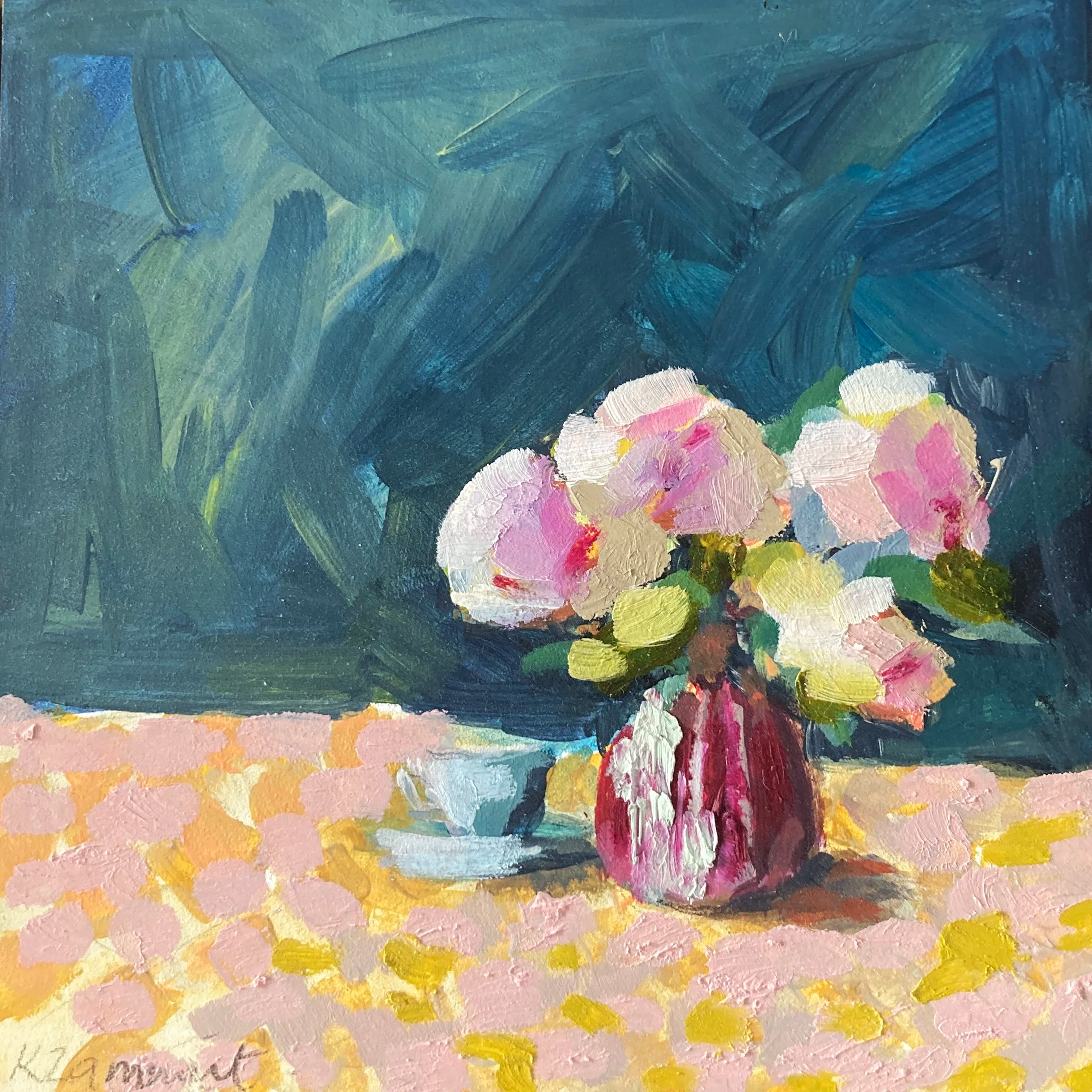 Roses and Cup 14.5x14.5cm $150