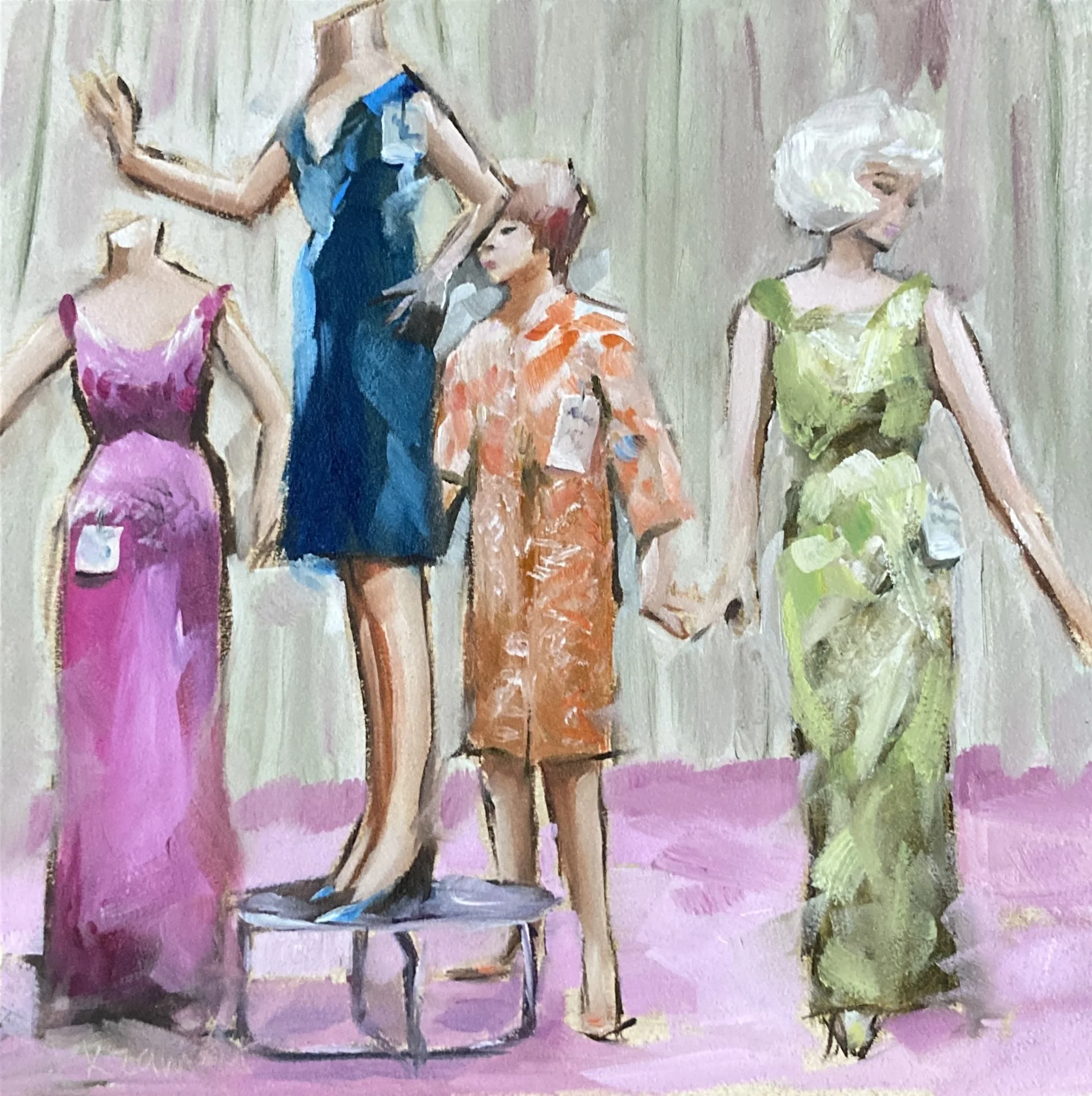Mannequins are kind of fascinating to me.  Some are quite lifelike. These are dressed in pretty dresses from that era and are elegant evening gowns.  I painted them as they made a lonely colourful group and spoke of special events and sparkly parties