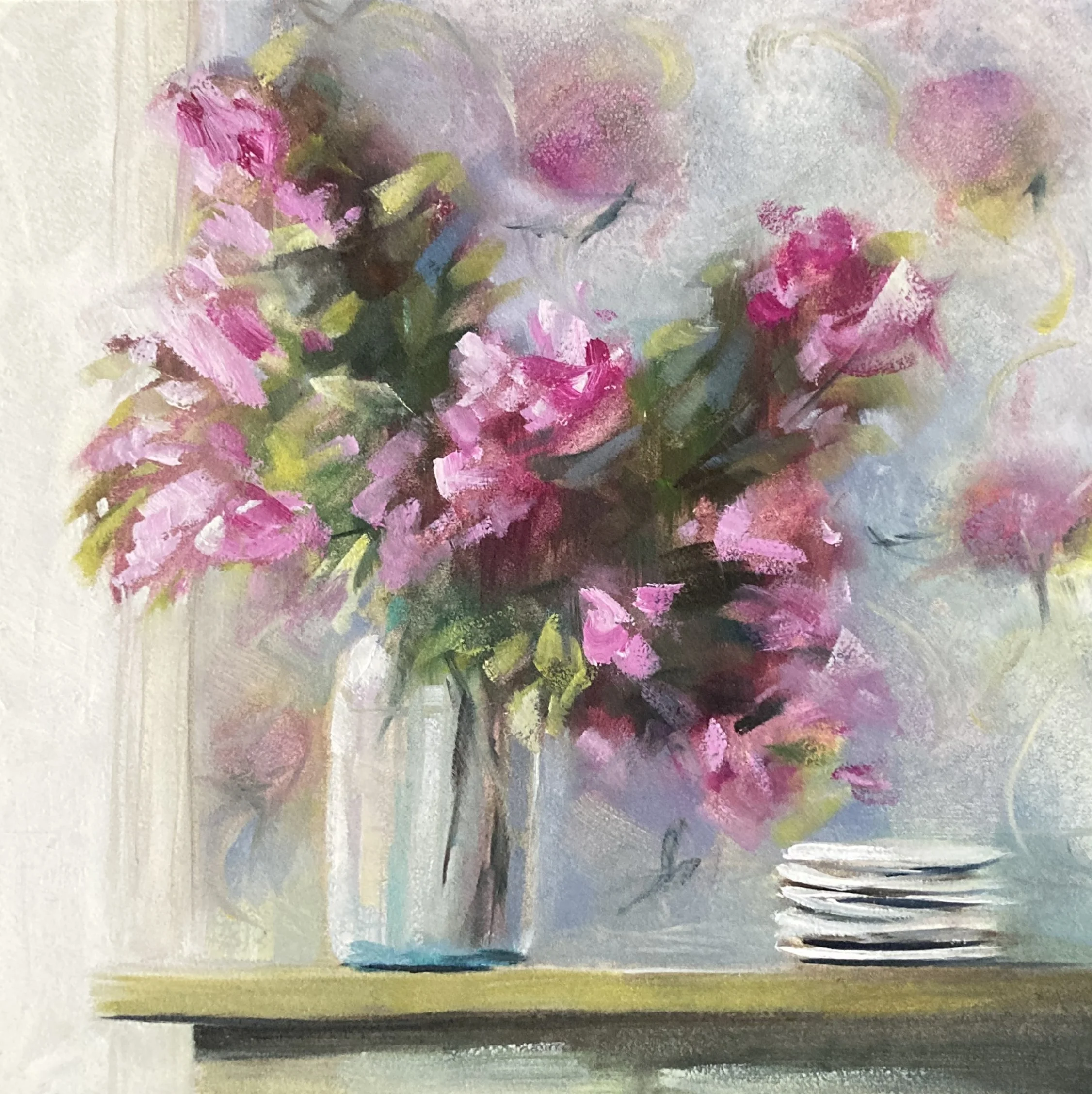 This vase of pink flowers was repeated on the wallpaper behind to really bring the pink home.  I love pink. This little still life really pops in real life.  Sometimes the photos do not really convey the colours accurately