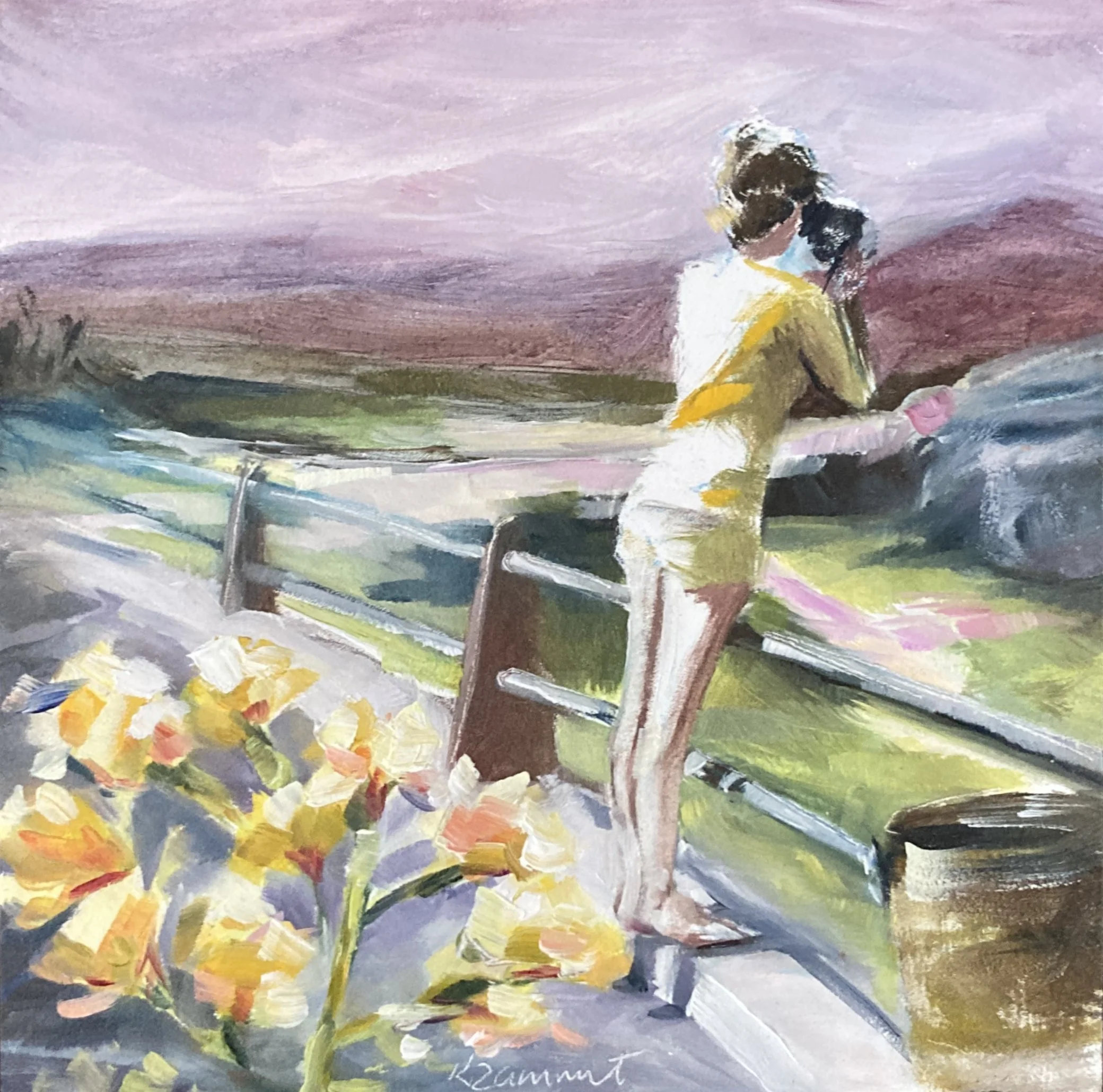 This little study of a girl in summer recording this view on her video camera is a favourite of mine.  The sunny yellow of her clothes is reflected in the flowers in the foreground.  The view is indistinct with the foreground flowers in focus.