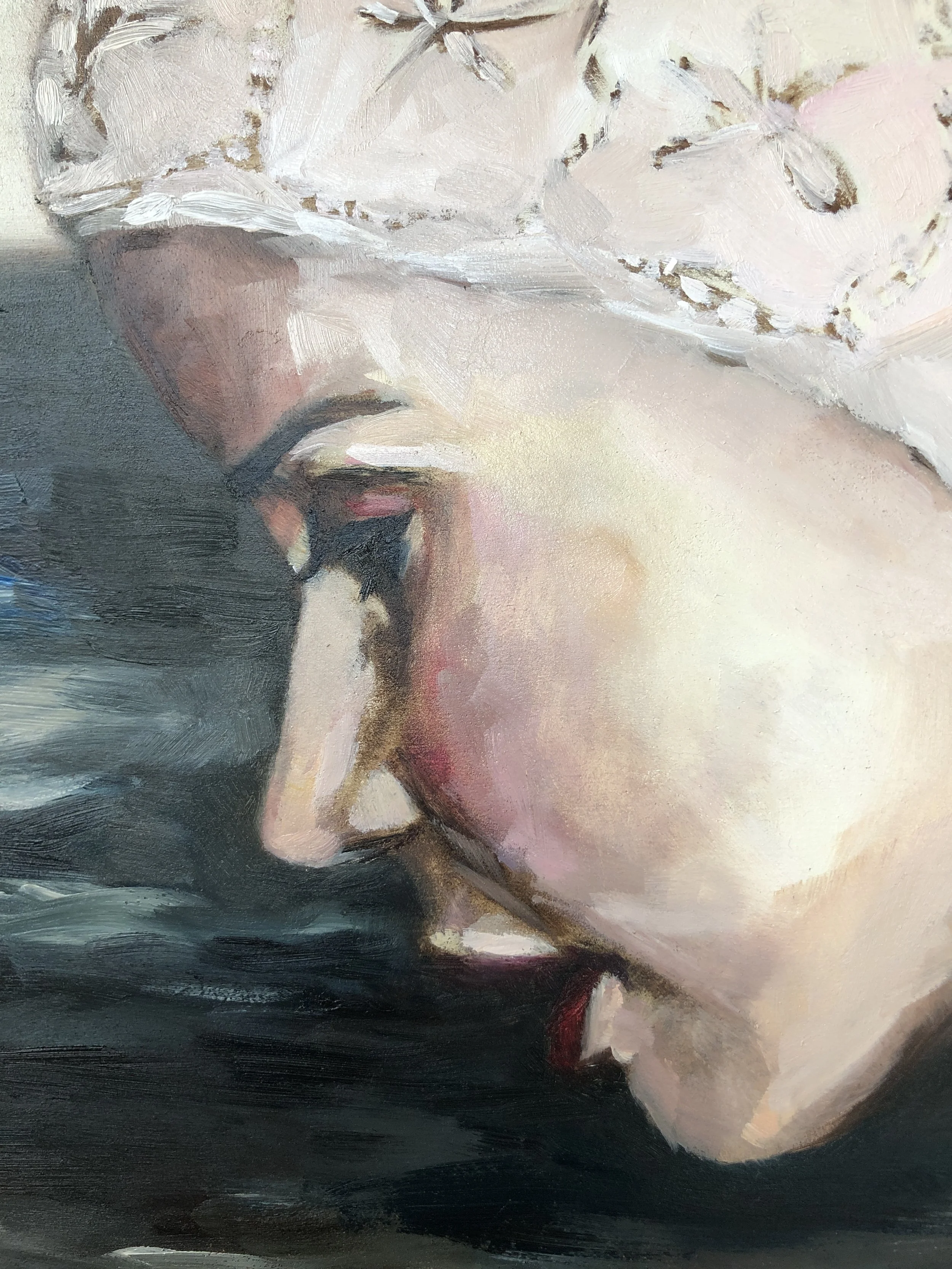 The swimmer. Original oil painting Sold at Quadrant Gallery 2025 Depicting a swimmer in her swimcap ready to swim in the waves