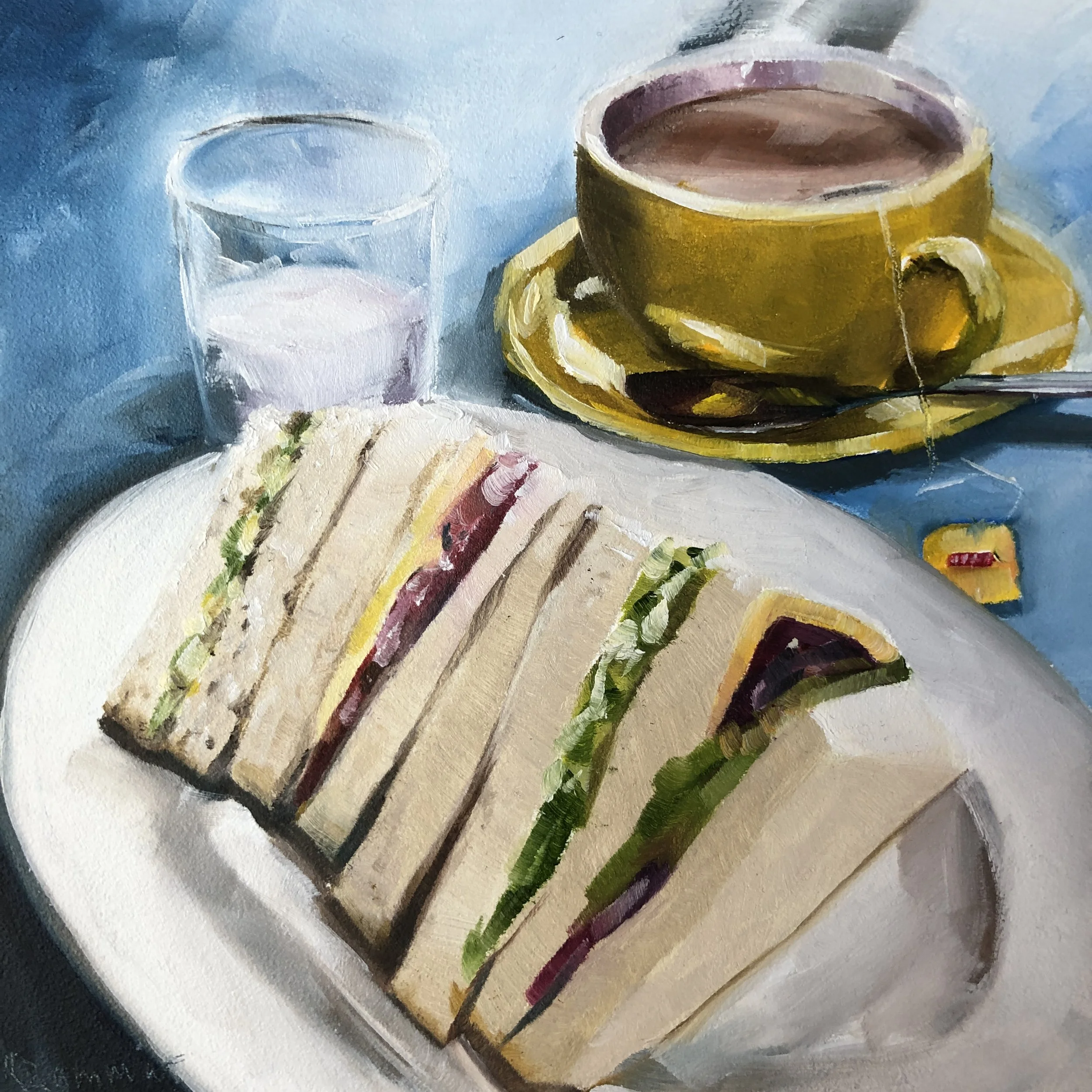 Sandwiches are the best and in our family they are looked forward to.  How lovely is a little plate of mixed sandwiches.  I love this interesting little painting as the subject is not often painted but it was so fun to do