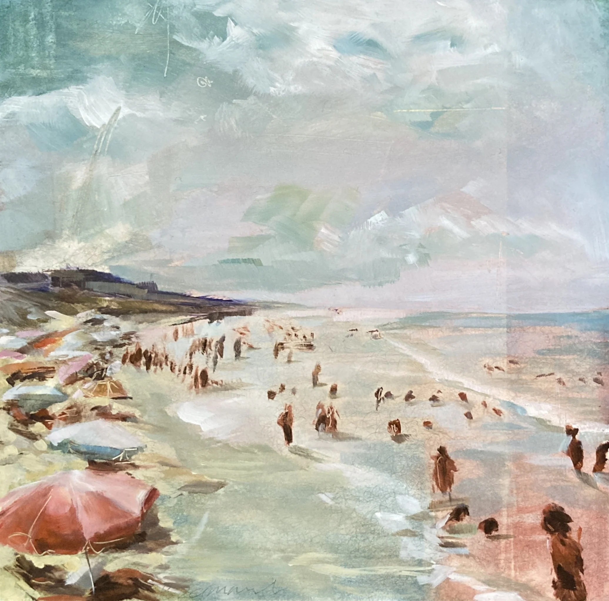 This painting of a busy beach in Summer reflects holidays for most of us.  The beach umbrellas back then were pretty and colourful and you could spot your family easily by looking for yours.