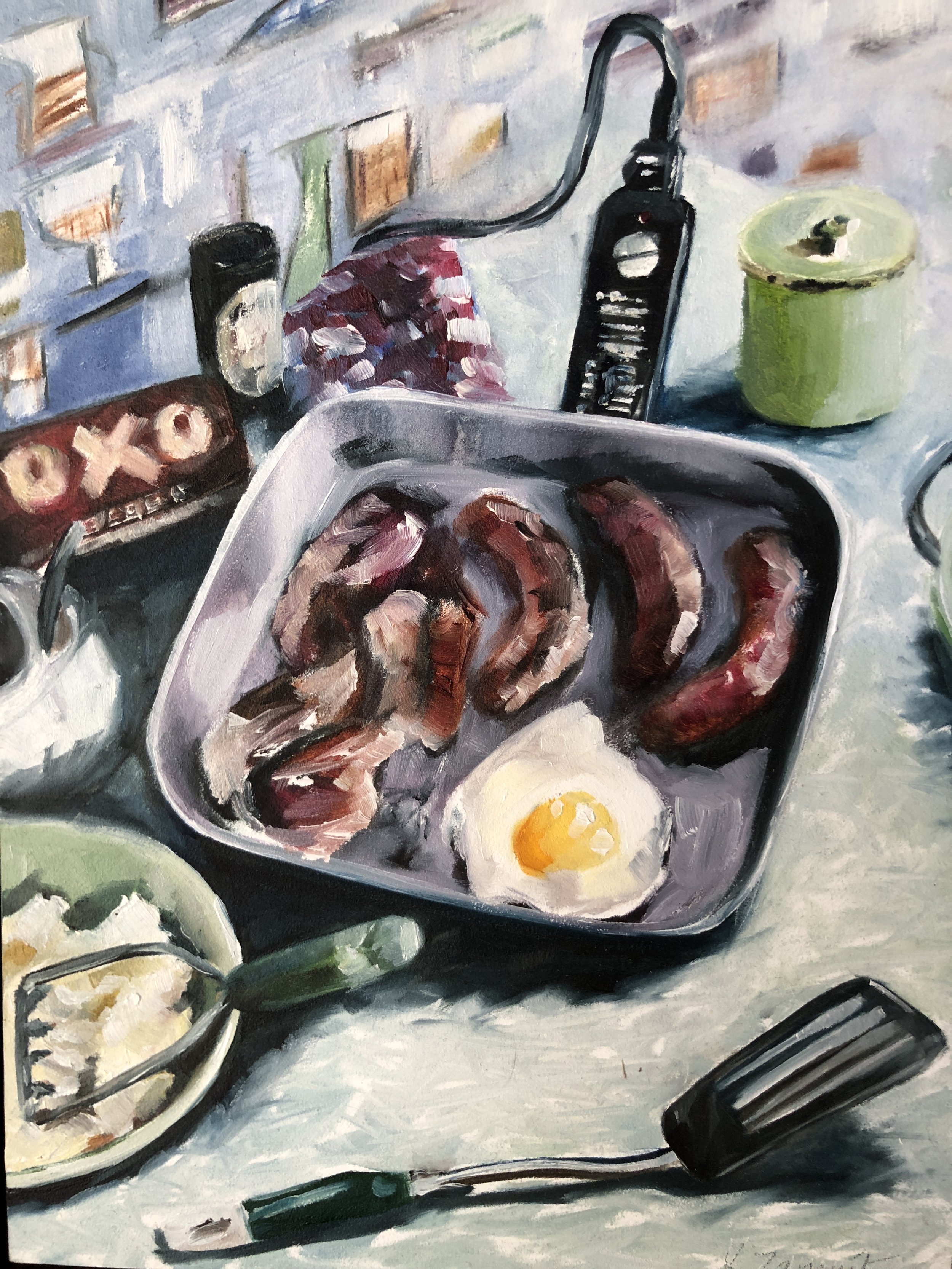 This little mid century still life features the eclectic frypan which was and still is a staple appliance in my home.  Perfect for a sausage too like in my painting here
