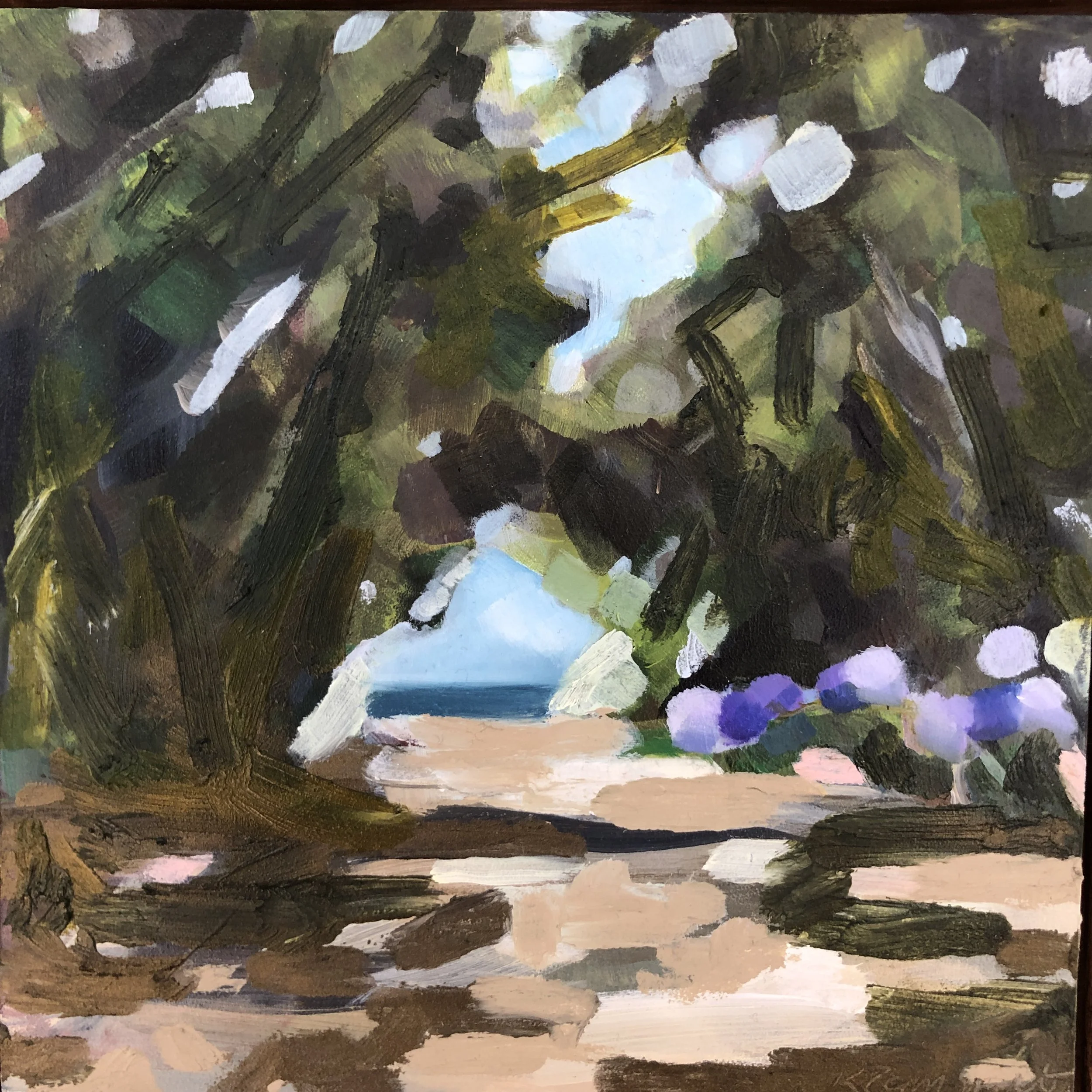 Impressionist-style painting of a natural landscape with trees, a pathway, flowers, and a distant body of water under a cloudy sky.