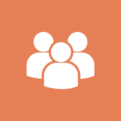 Icon of four white silhouettes of people on an orange background.