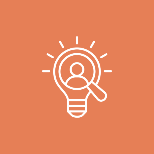 Icon of a lightbulb with a magnifying glass showing a person inside it, on an orange background.