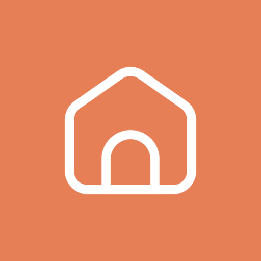 Simple white outline of a house with a arched doorway on an orange background.