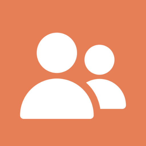 Icon of two simplified human figures, one larger and one smaller, against an orange background.