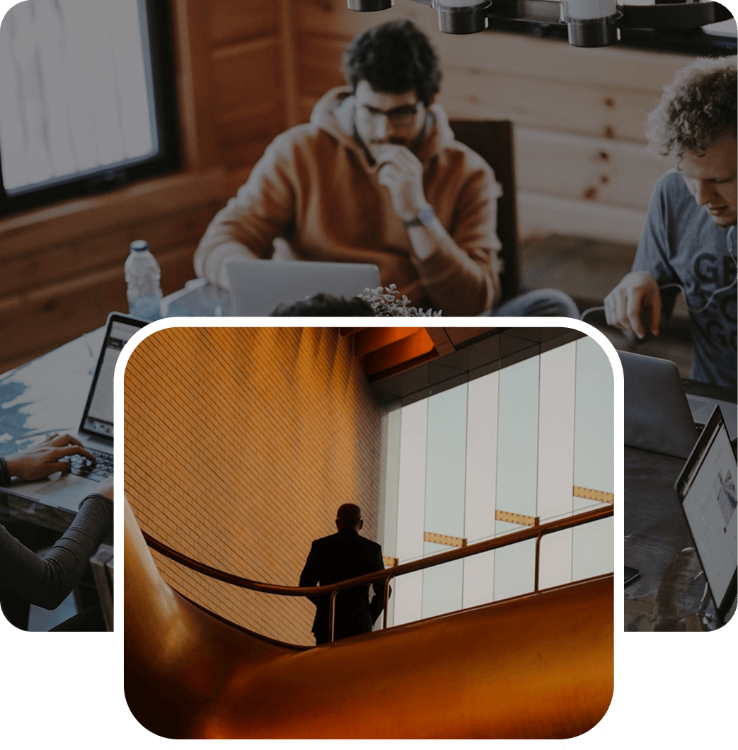 Overlapping images: one of people working on laptops at a wooden table, and another of a person walking up stairs in a modern building with large windows.