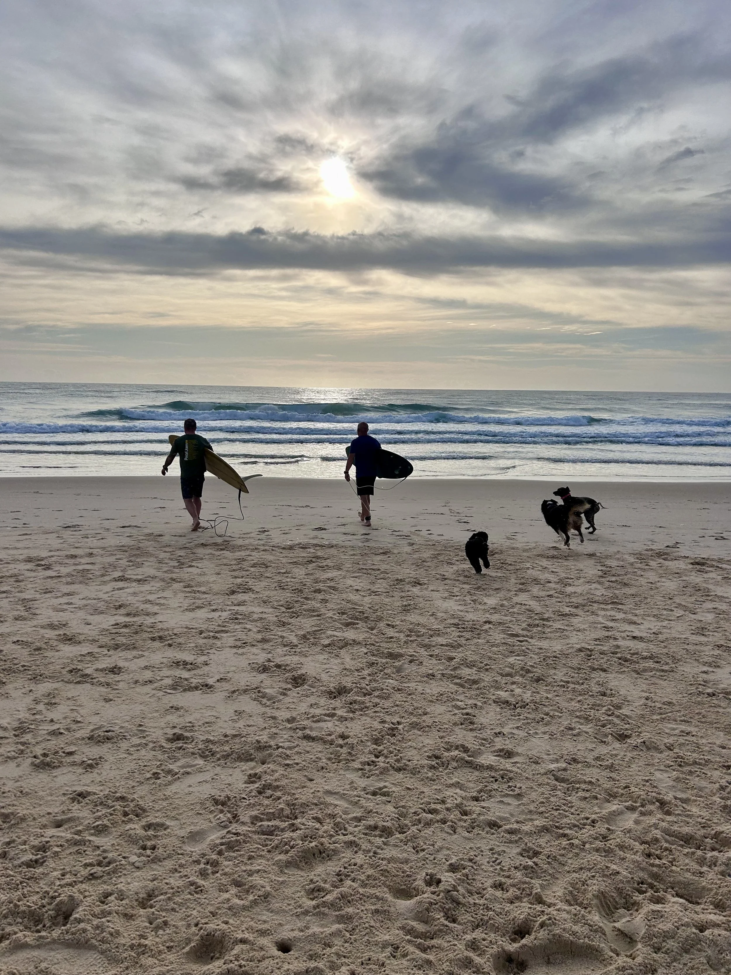 Two surfers with surfboards and two dogs walking towards the ocean on a sandy beach during sunset or sunrise, with cloudy sky.