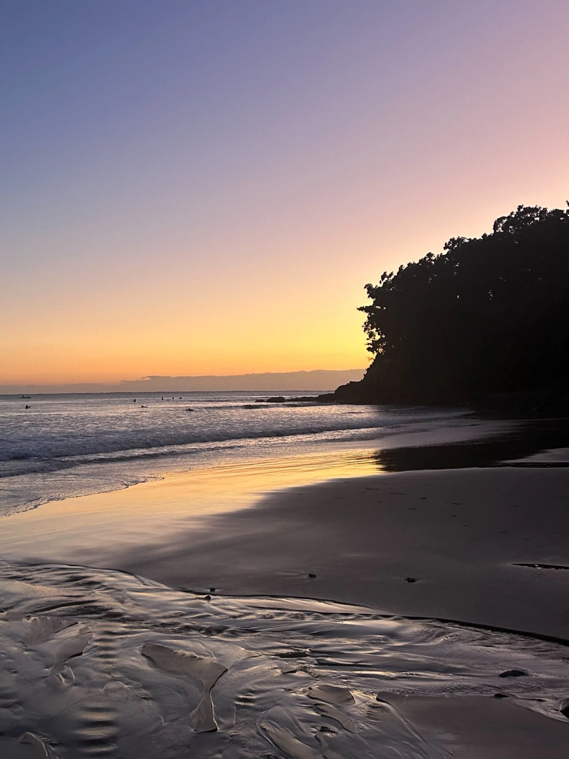 Sunset on a beach with a silhouette of trees and gentle waves reflecting the sky.