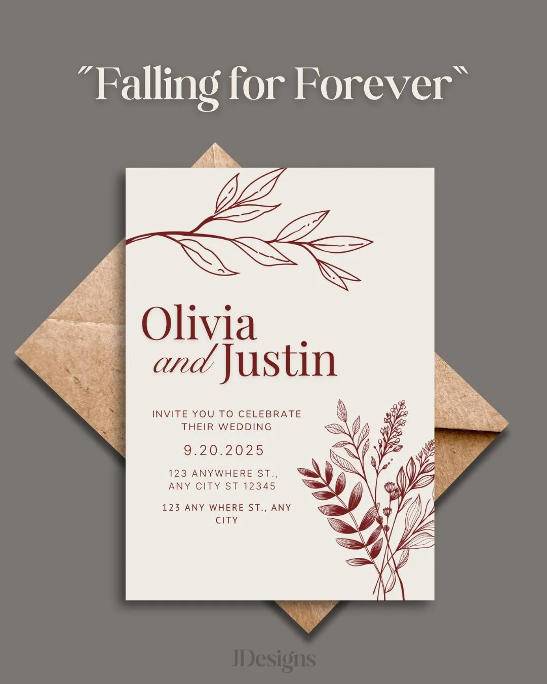 🍂 Falling for Forever 🍂
This fall-inspired wedding suite blends earthy tones with timeless elegance &mdash; perfect for couples saying I do in the autumn season. Part of my Fall Wedding Portfolio for J Designs. 💌
 #PersonalizedDetails #SmallBusine