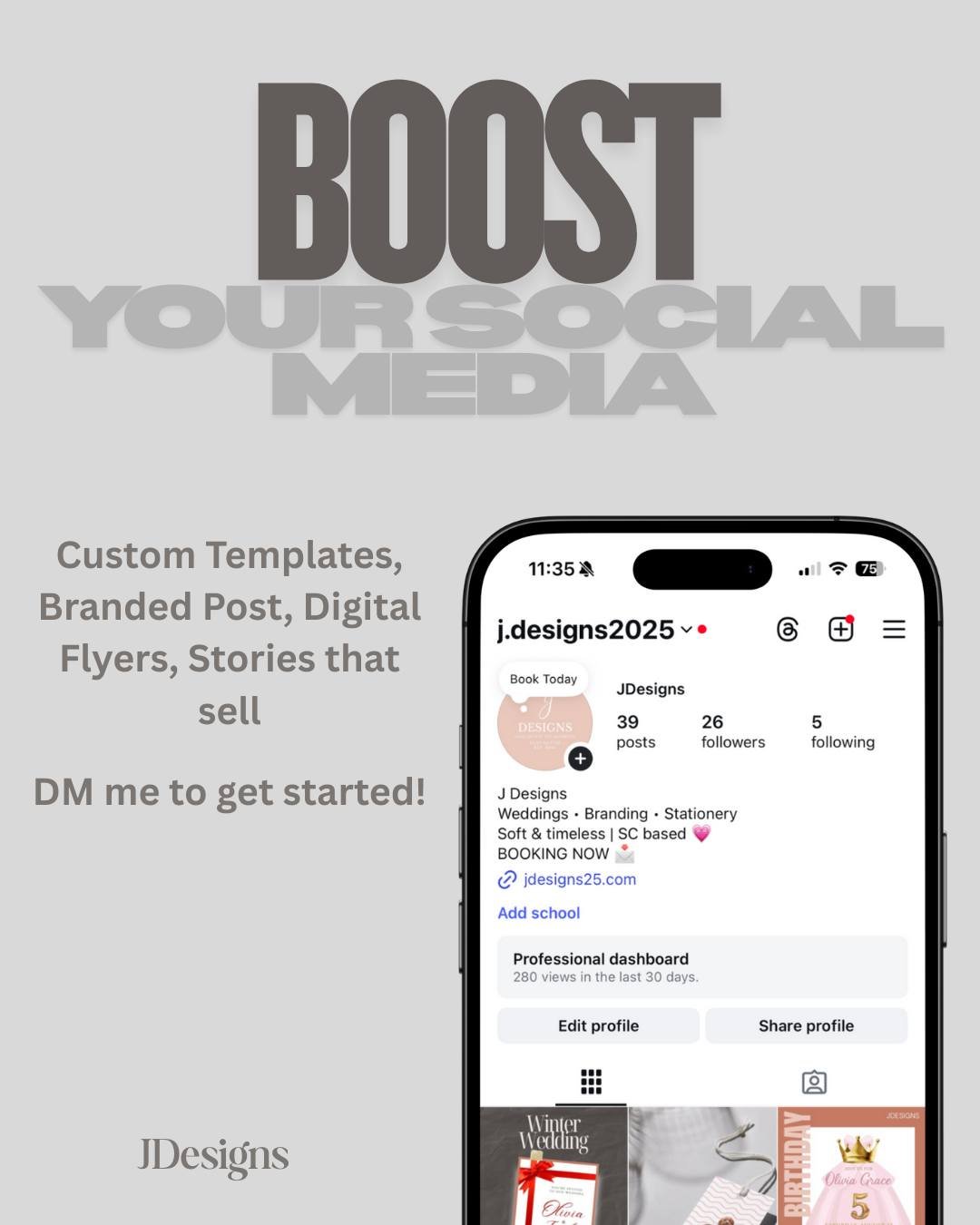 Ready to boost your social media? ✨
I create custom templates, branded posts, digital flyers, and stories designed to sell &mdash; all tailored to your brand and audience.
Let&rsquo;s make your content work for you 🤍
📩 DM me to get started.