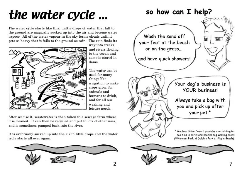 Page from a water cycle educational book with illustrations of the water cycle process, and a cartoon girl with her dog giving pet care advice.