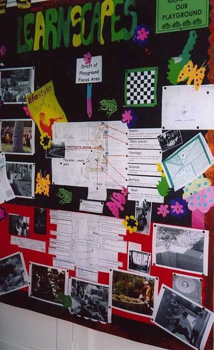 School bulletin board with photos, diagrams, and decorations about a playground project, titled 'Learnscapes', featuring colourful paper flowers, animal cutouts, and a checkerboard pattern.