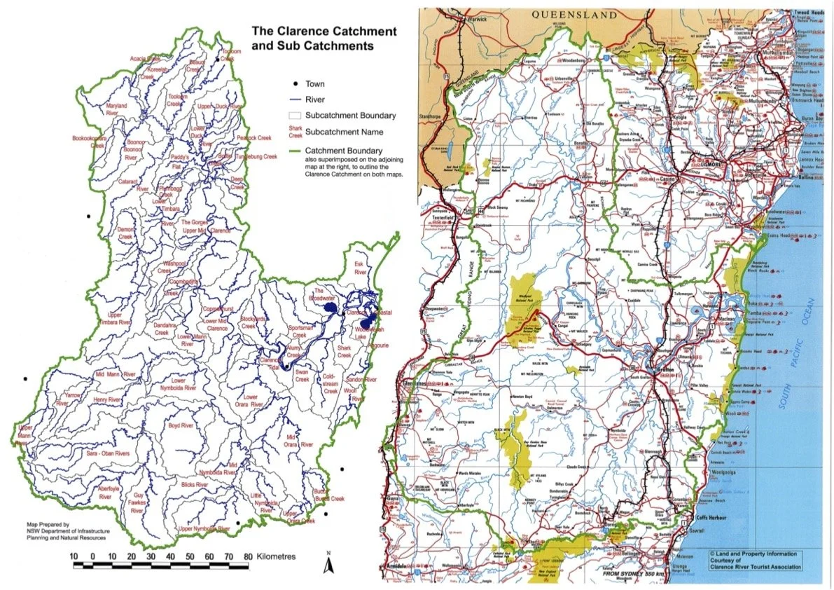 Map of the Clarence catchment and sub-catchments in New South Wales, Australia, showing rivers, towns, subcatchment boundaries, and landmarks.