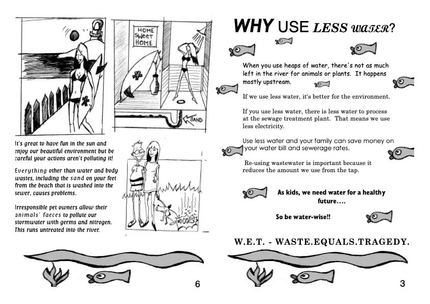 A two-page illustrated pamphlet advocating for reduced water use. The first page shows a woman at the beach and a couple with a dog, with text about enjoying the environment and avoiding pollution. The second page explains reasons to use less water,