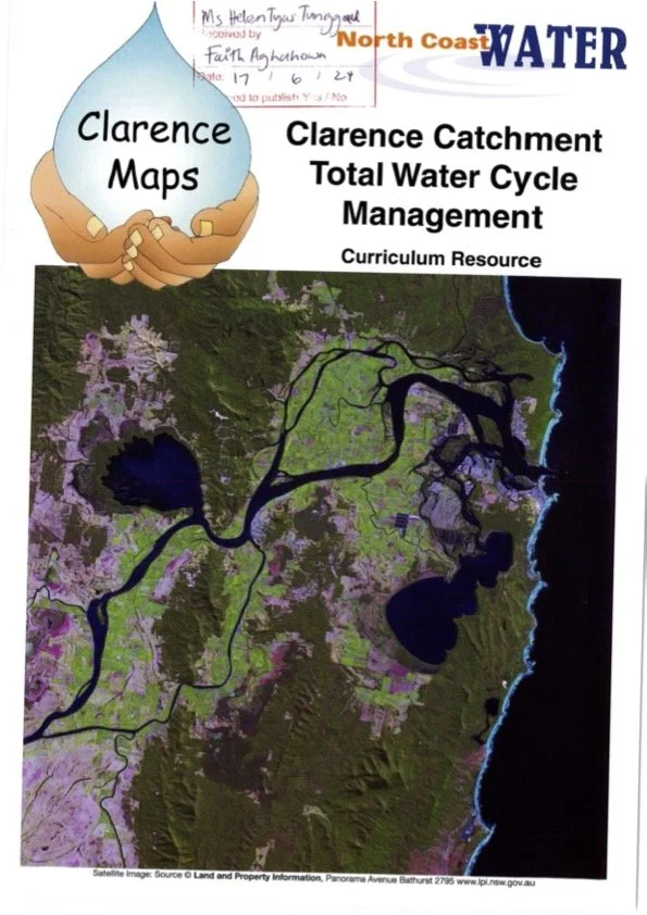 Map showing water bodies, water cycle management, and land features in the Clarence Catchment area.