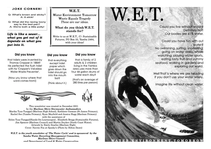 A black-and-white newsletter page with references to water conservation, including a large photo of a woman swimming and various water-related messages.