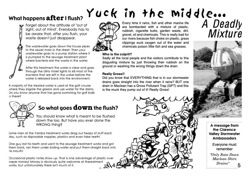 A page with a humorous article about what happens after flushing a toilet, including illustrations of a character with a toilet seat on its head, a fish with a surprised expression, and a large pile of trash with a face. The article discusses environ
