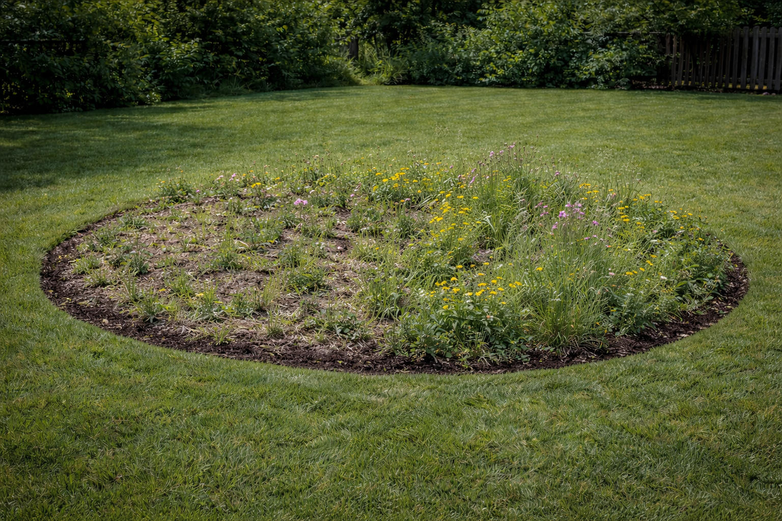 A circular flower bed in a grassy yard with various blooming flowers and green foliage, bordered by mulch, sunlight, and a wooden fence in the background.