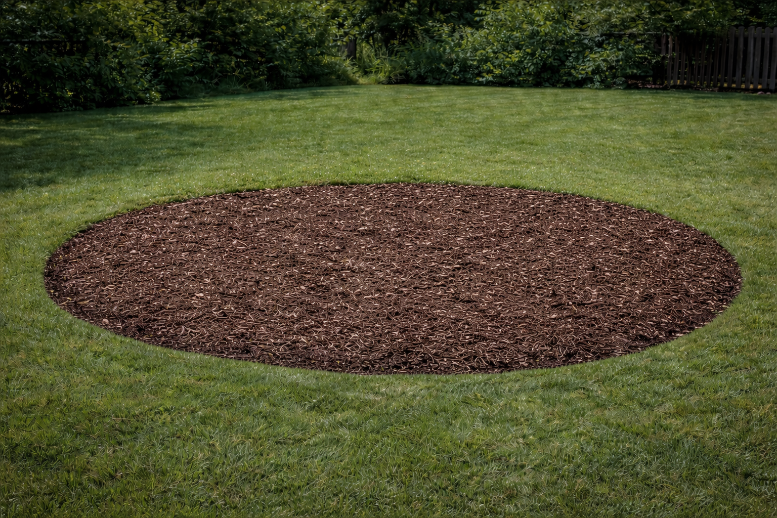 Circular patch of brown mulch in the middle of a green lawn, with trees and a fence in the background.