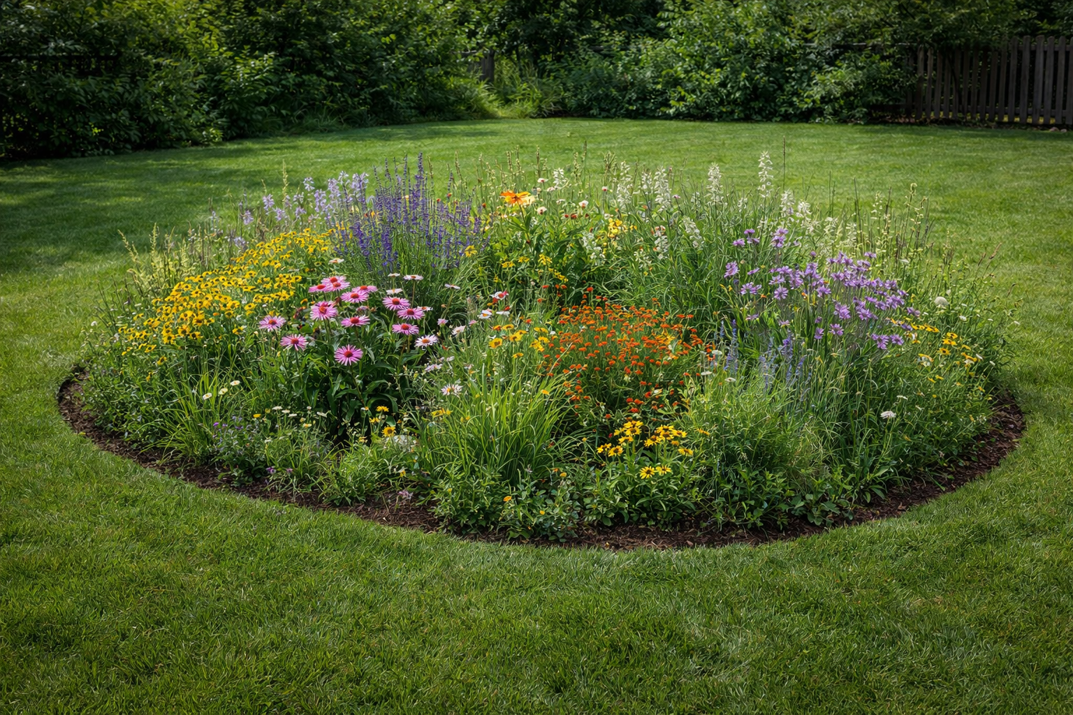 Colorful flower bed with various flowers, surrounded by green grass and trees in the background.