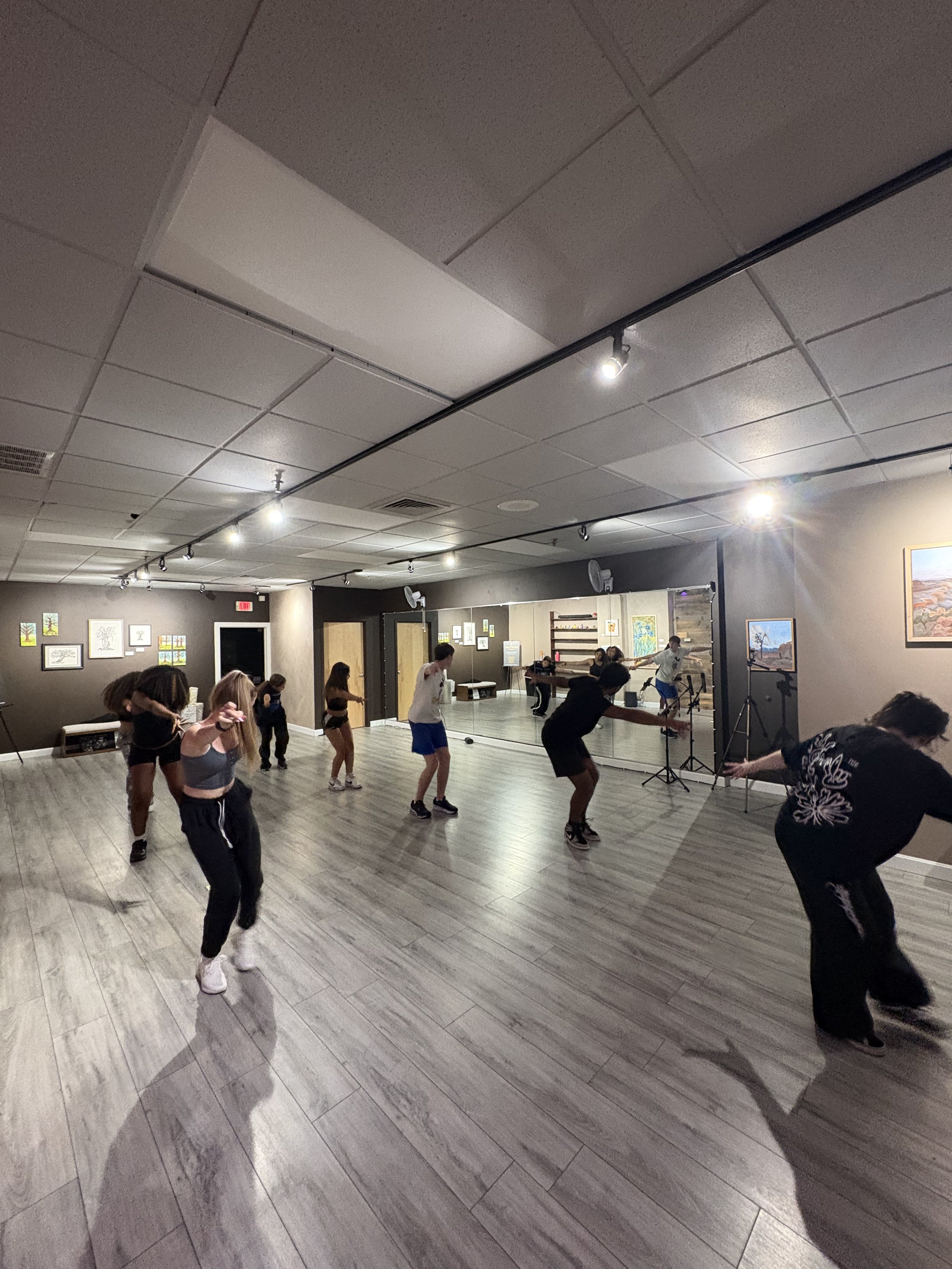 Group of people, including children and adults, participating in a dance or fitness class in a studio with wooden floors, artwork on the walls, and bright ceiling lights.