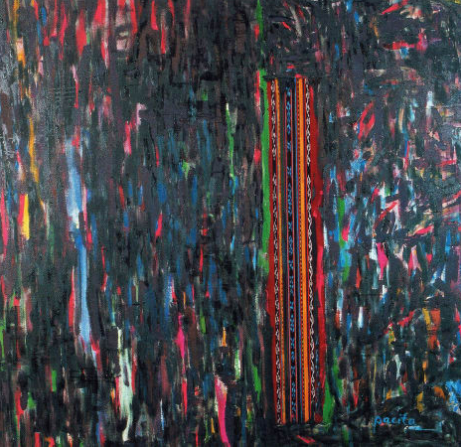 Dayak burning 1998
(oil, painted handwoven cloth stitched on canvas)