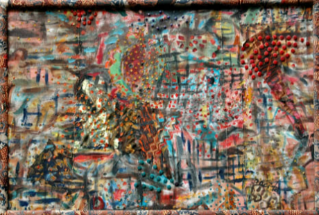 Art is Ecstasy V, 1997
(oil painted cloth, sequins, beads, buttons stitched on canvas)