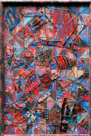 Red Squares 1998
(oil, painted handwoven cloth, painted tin stitched on canvas)
