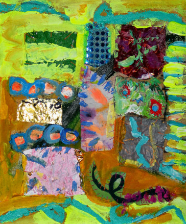 Pacita's lime green 2003
(oil, painted tin, painted cloth stitchecd on canvas)