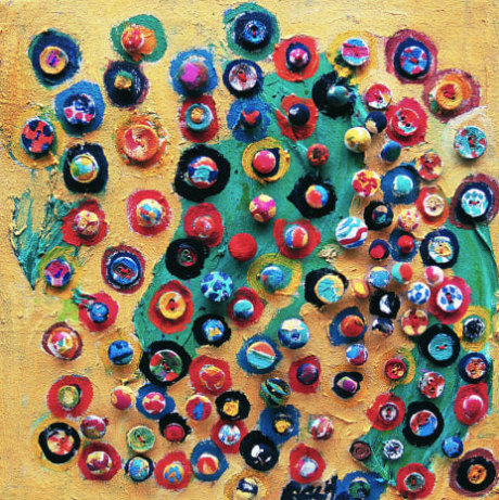 Mischievous urge II 2001
(oil, painted buttons stitched on canvas)