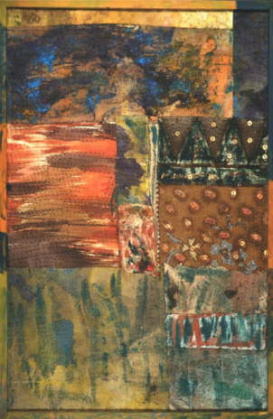 Change is in the air II 1995
(oil, alkyd, dyed cloth, painted cloth, mirrors, buttons stitched on canvas)