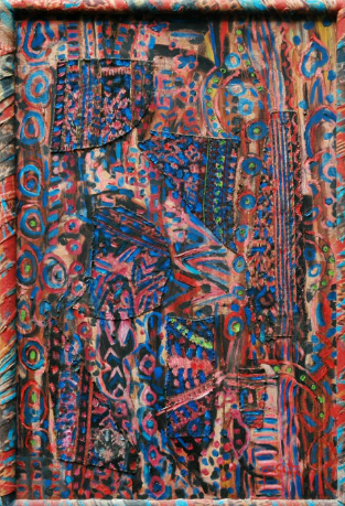 Beads around her waist, 1997
(oil, painted handwoven cloth stitched on canvas)